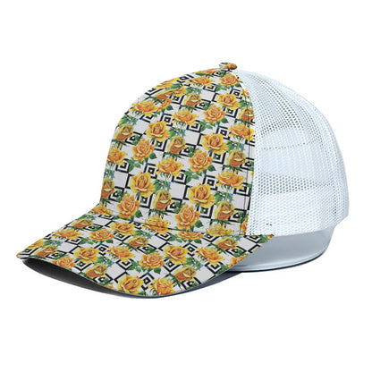 Yellow Watercolor Rose Print White Mesh Trucker Cap
