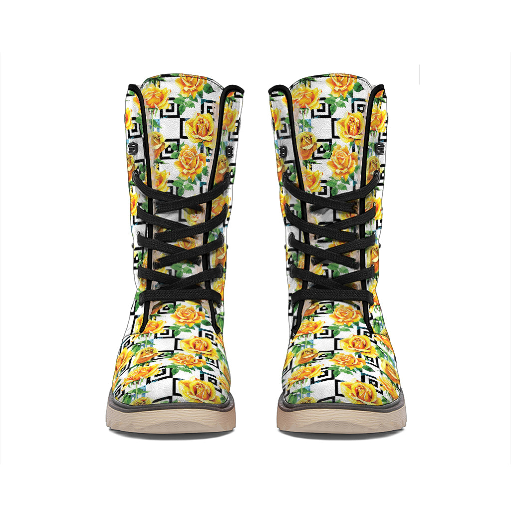 Yellow Watercolor Rose Print Winter Boots