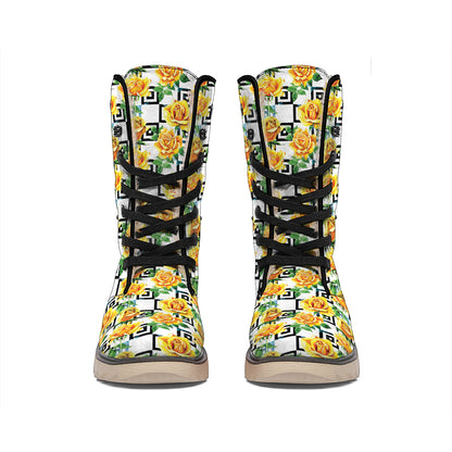 Yellow Watercolor Rose Print Winter Boots
