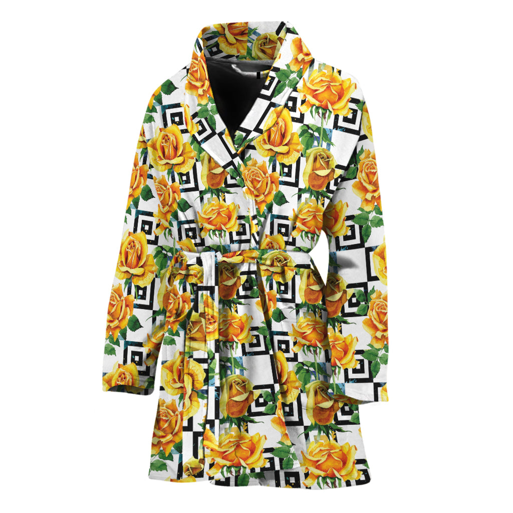 Yellow Watercolor Rose Print Women's Bathrobe