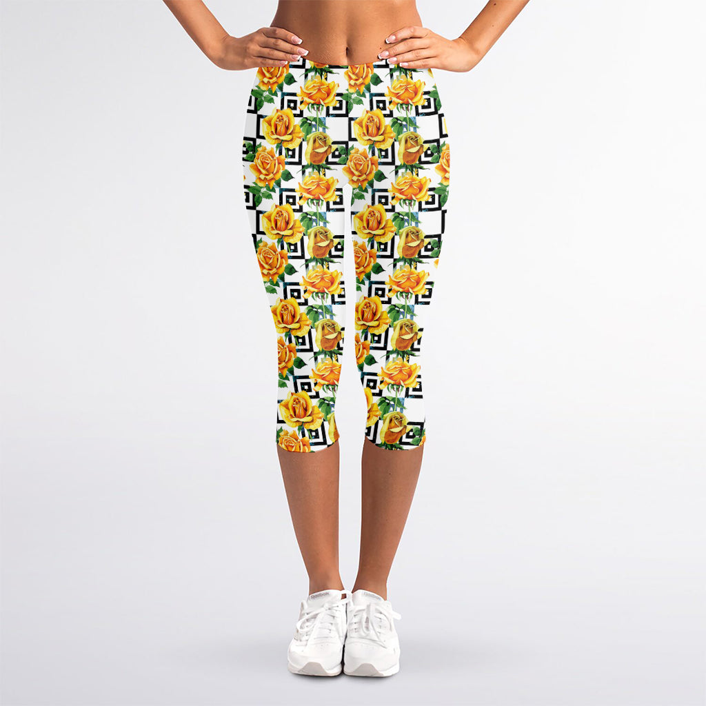 Yellow Watercolor Rose Print Women's Capri Leggings