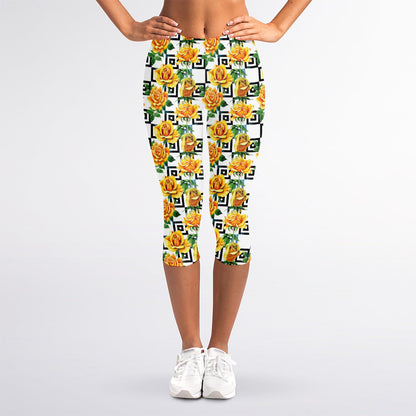 Yellow Watercolor Rose Print Women's Capri Leggings