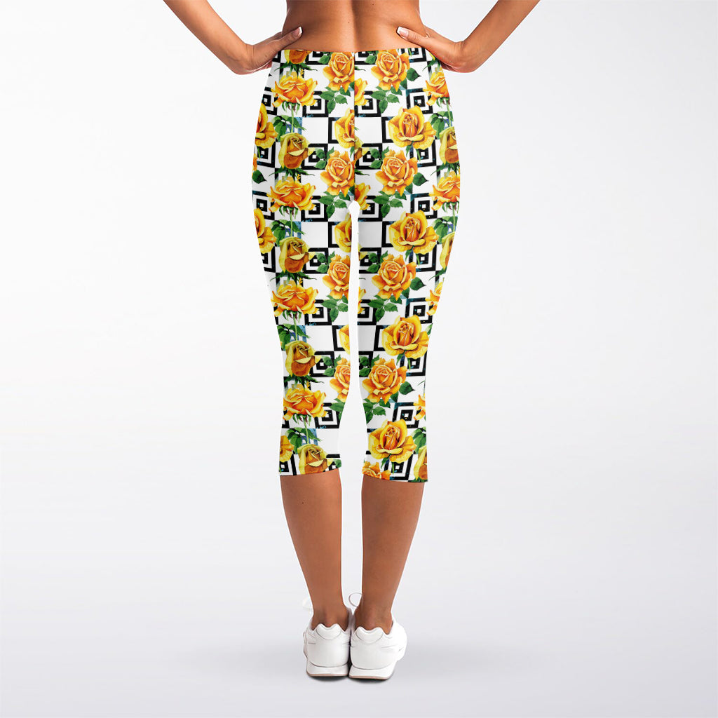 Yellow Watercolor Rose Print Women's Capri Leggings