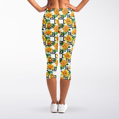 Yellow Watercolor Rose Print Women's Capri Leggings