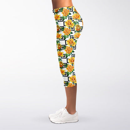 Yellow Watercolor Rose Print Women's Capri Leggings