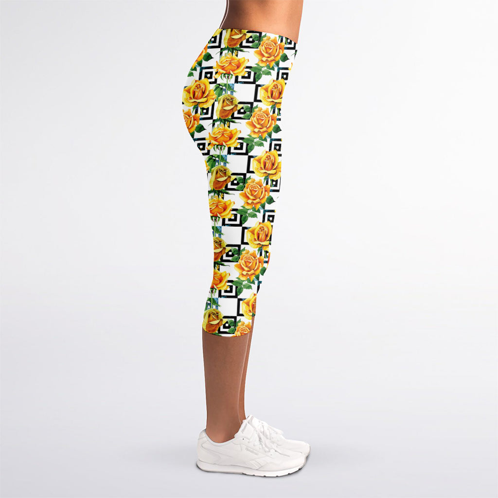 Yellow Watercolor Rose Print Women's Capri Leggings