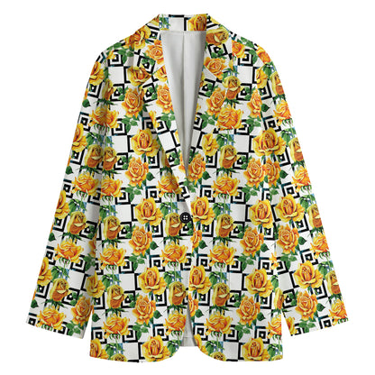 Yellow Watercolor Rose Print Women's Cotton Blazer