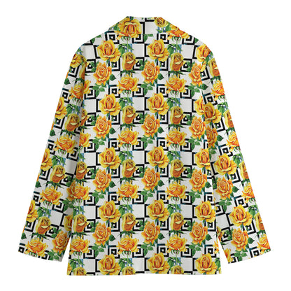 Yellow Watercolor Rose Print Women's Cotton Blazer