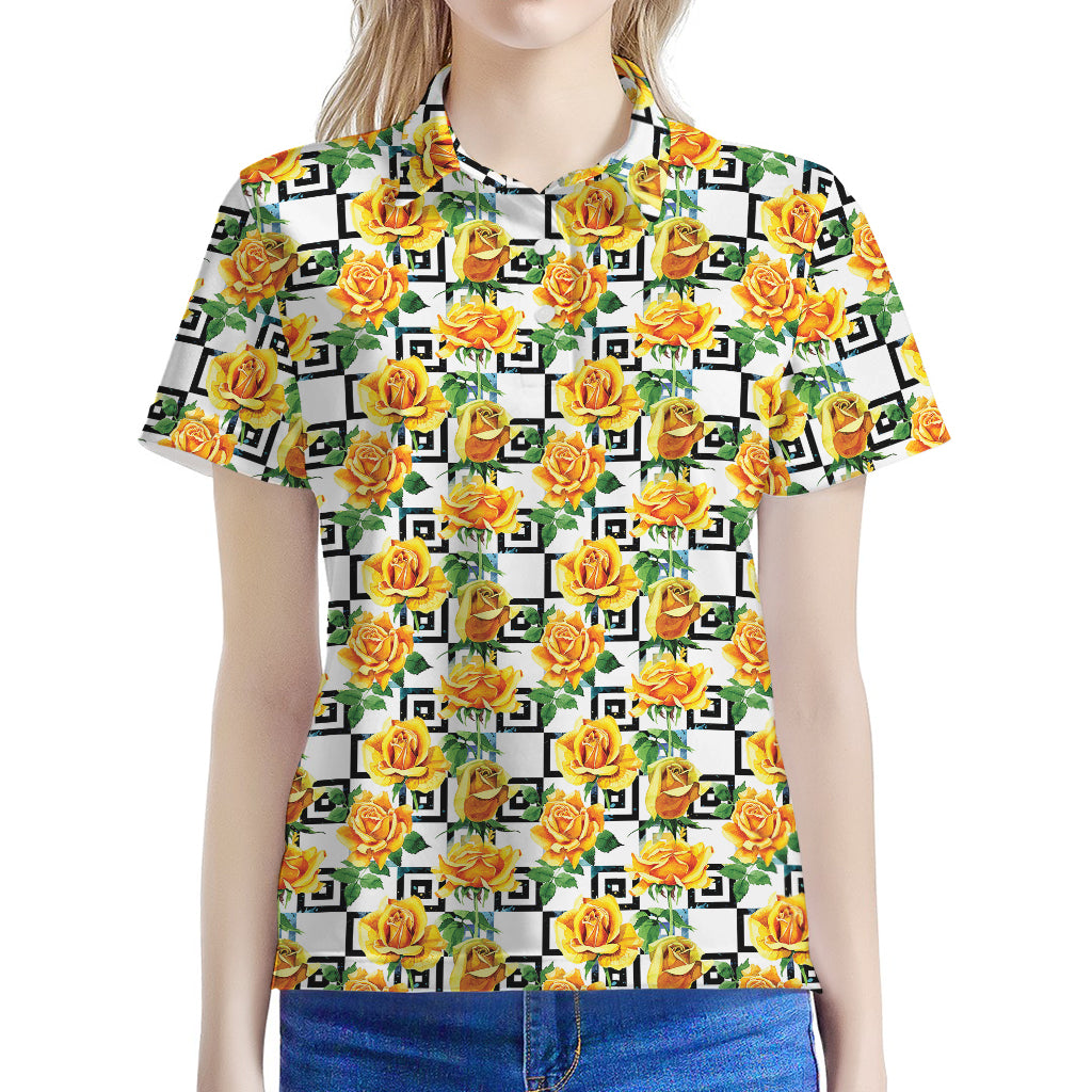 Yellow Watercolor Rose Print Women's Polo Shirt