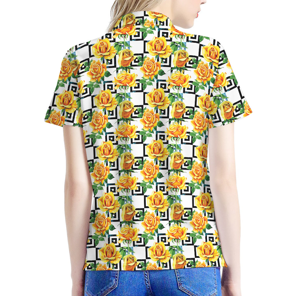 Yellow Watercolor Rose Print Women's Polo Shirt
