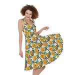 Yellow Watercolor Rose Print Women's Sleeveless Dress