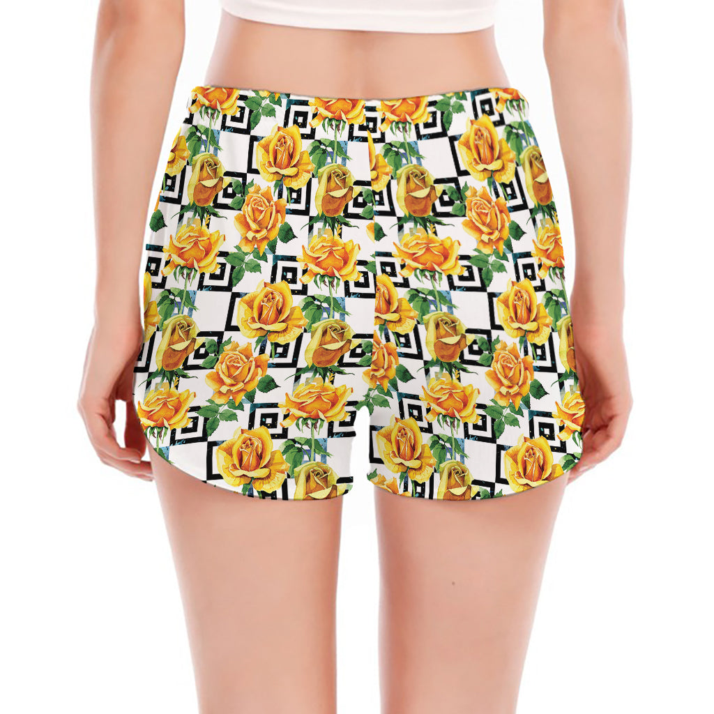 Yellow Watercolor Rose Print Women's Split Running Shorts