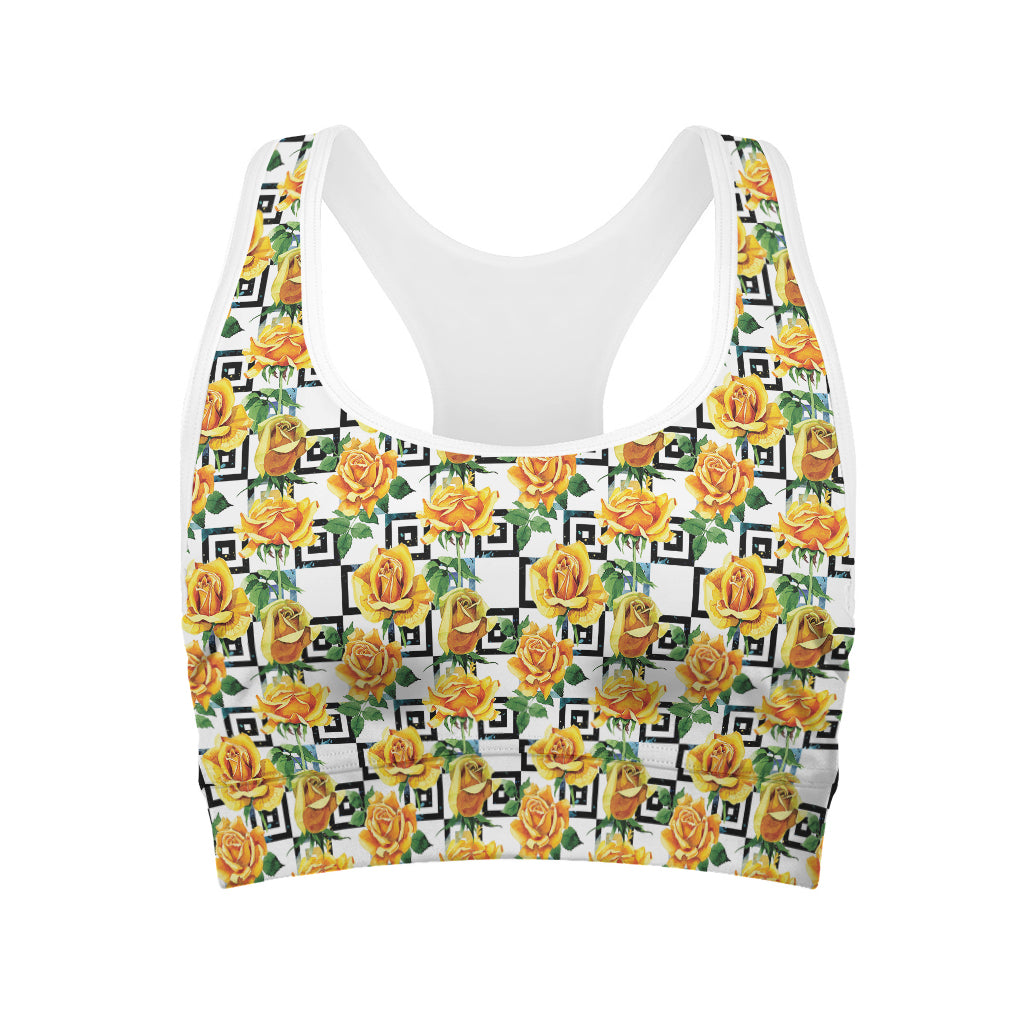 Yellow Watercolor Rose Print Women's Sports Bra