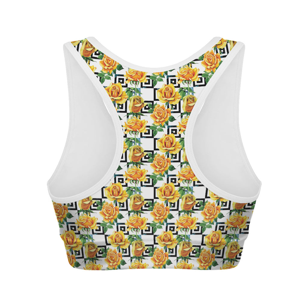 Yellow Watercolor Rose Print Women's Sports Bra
