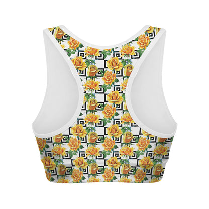 Yellow Watercolor Rose Print Women's Sports Bra