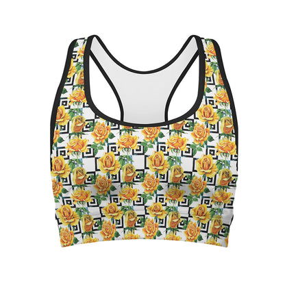 Yellow Watercolor Rose Print Women's Sports Bra
