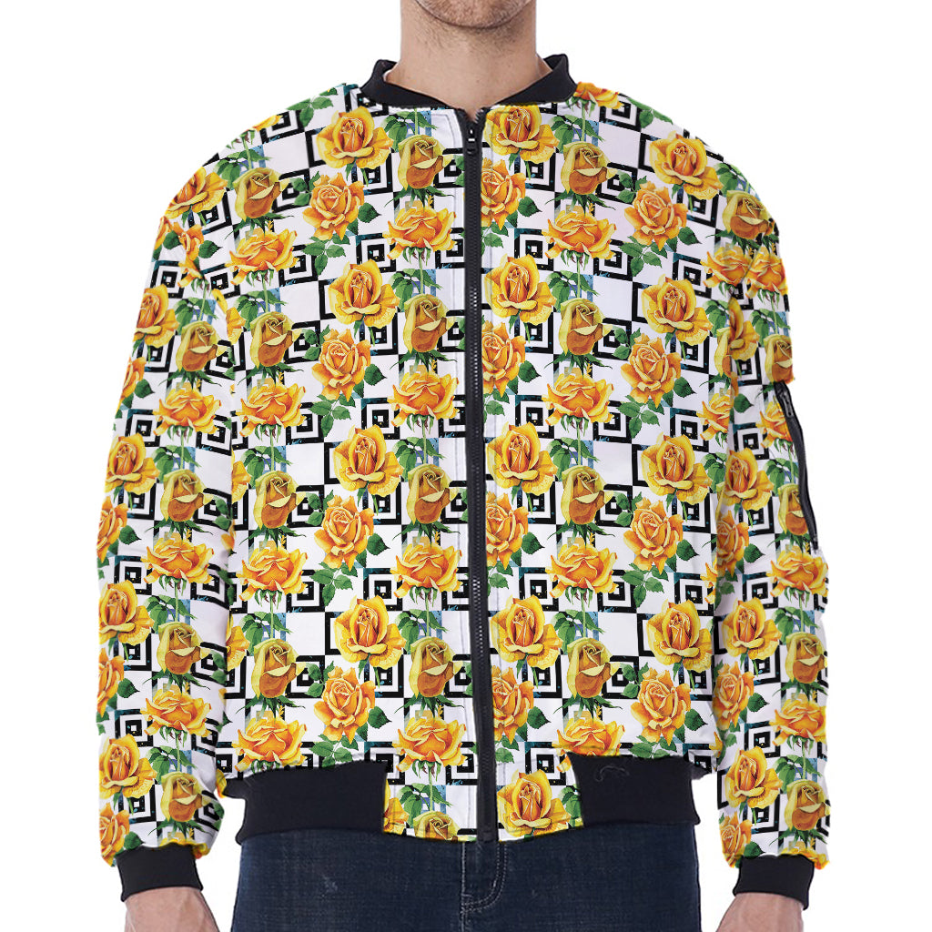 Yellow Watercolor Rose Print Zip Sleeve Bomber Jacket