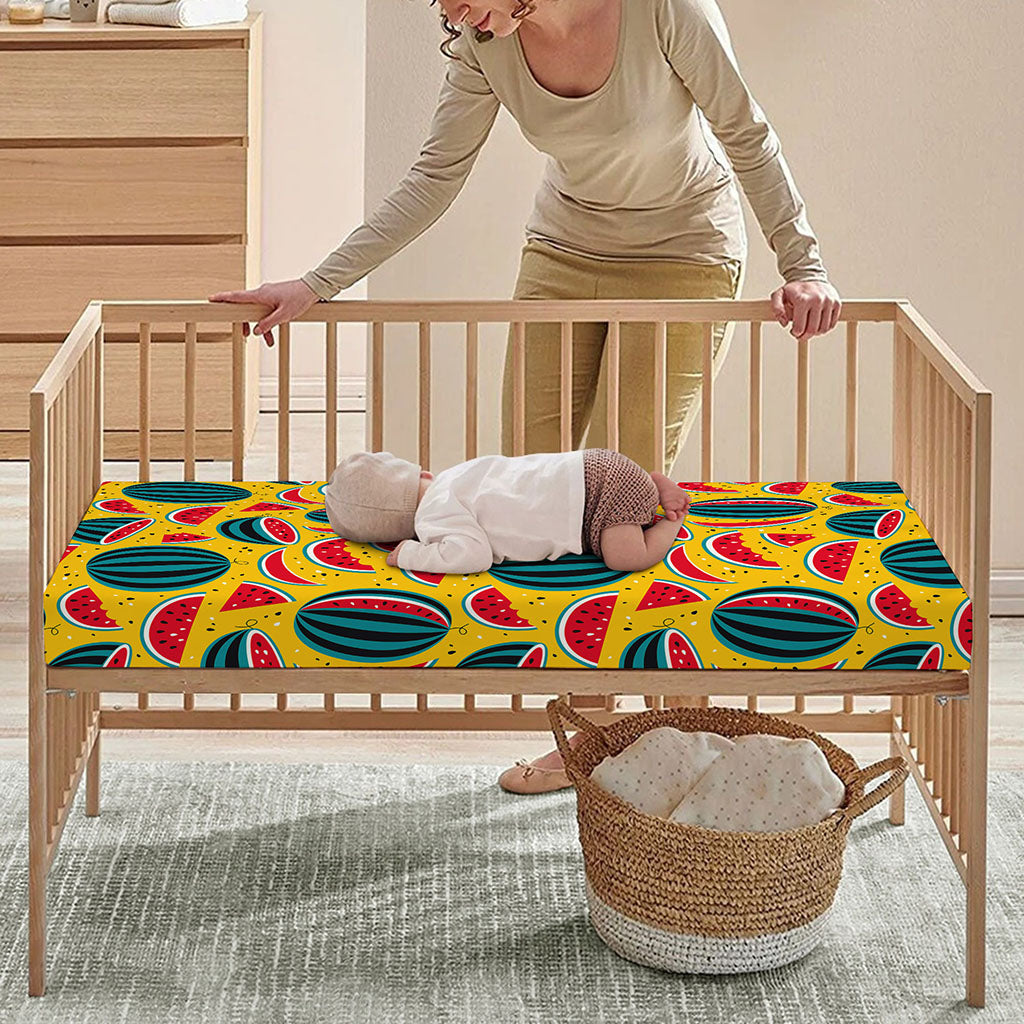 Yellow Watermelon Pieces Pattern Print Baby Crib Sheet
