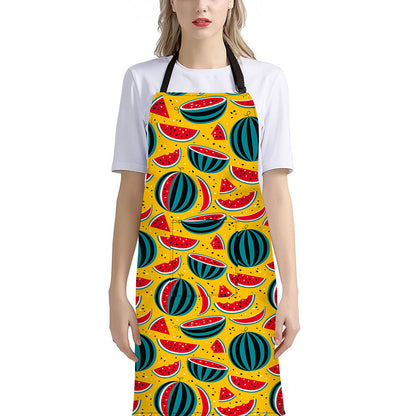Yellow Watermelon Pieces Pattern Print Bib Apron With Pocket