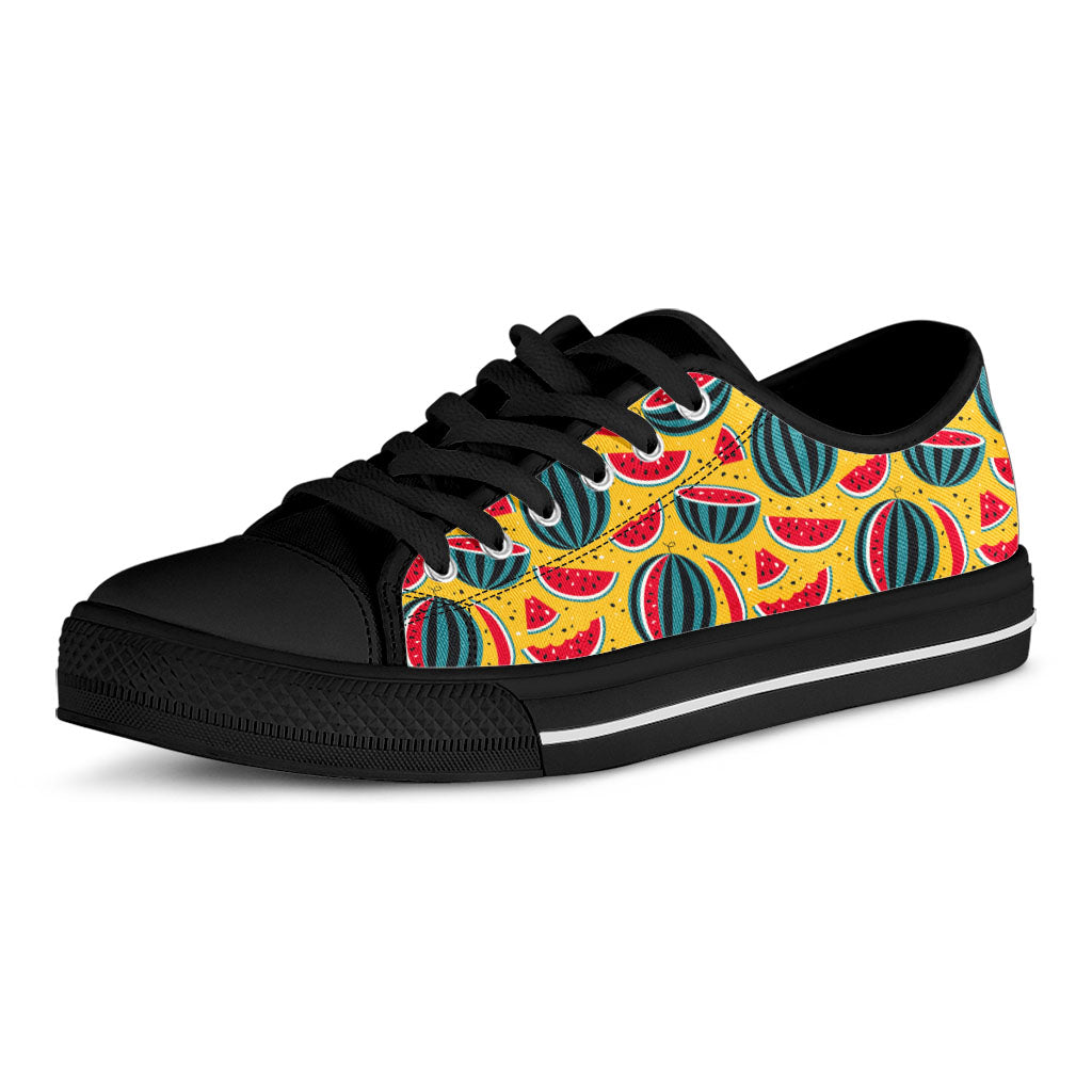 Yellow Watermelon Pieces Pattern Print Black Low Top Sneakers