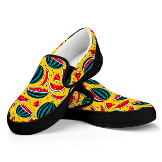 Yellow Watermelon Pieces Pattern Print Black Slip On Sneakers