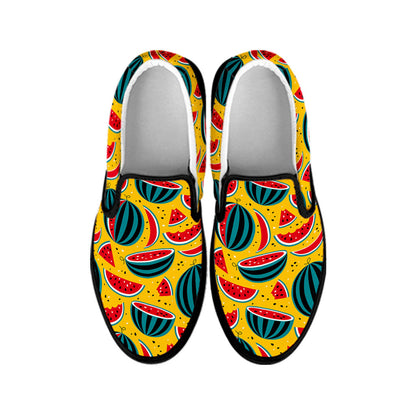 Yellow Watermelon Pieces Pattern Print Black Slip On Sneakers