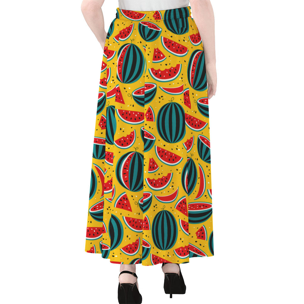 Yellow Watermelon Pieces Pattern Print Chiffon Maxi Skirt