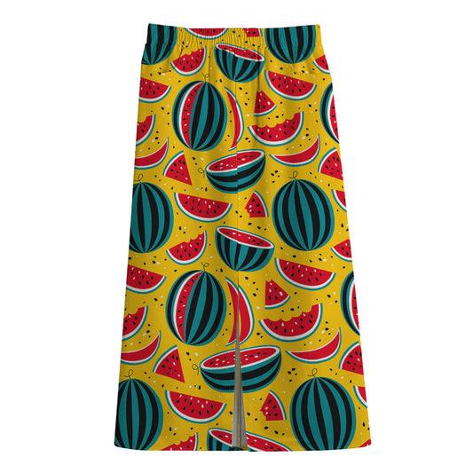 Yellow Watermelon Pieces Pattern Print Cotton Front Slit Maxi Skirt