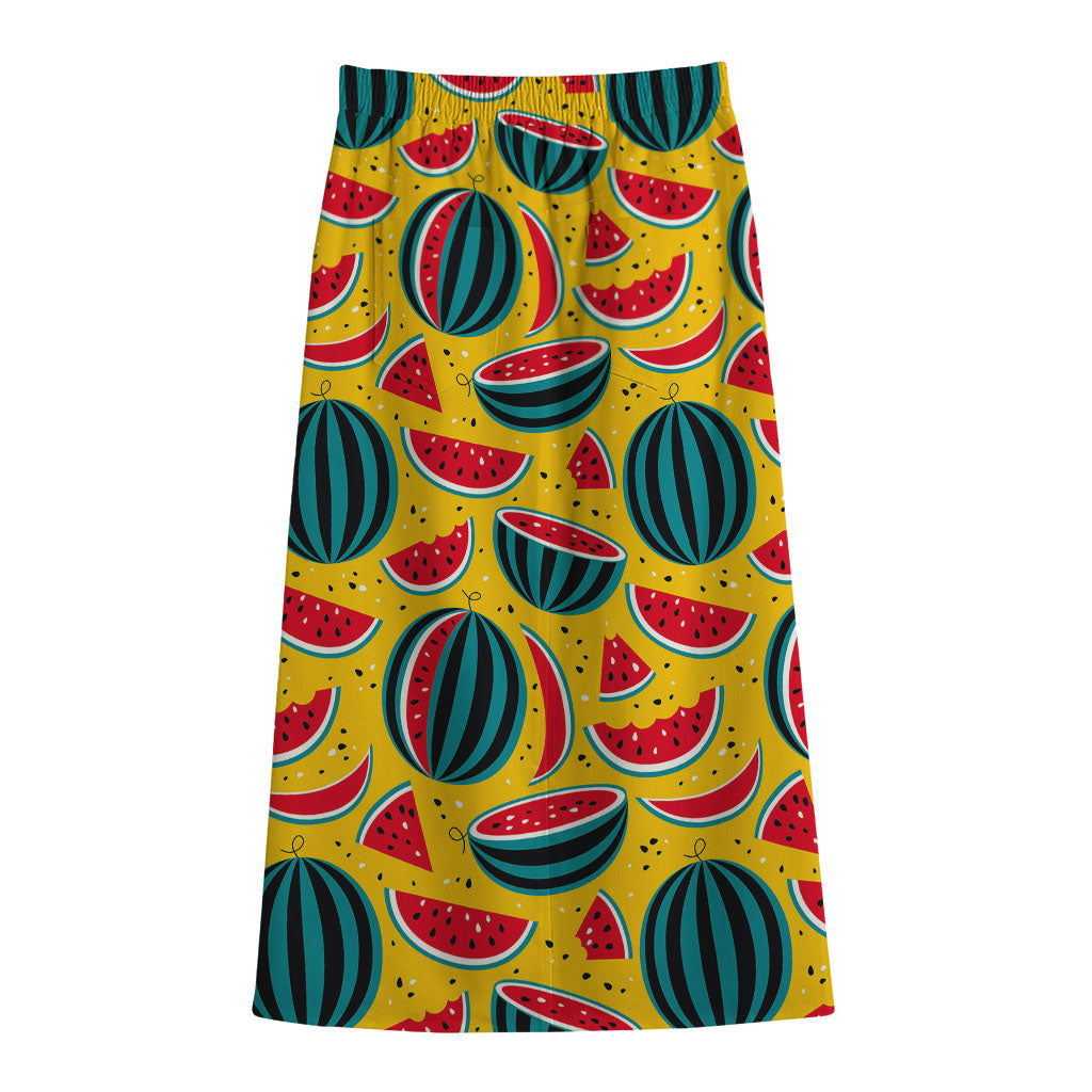 Yellow Watermelon Pieces Pattern Print Cotton Front Slit Maxi Skirt