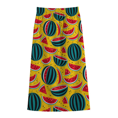 Yellow Watermelon Pieces Pattern Print Cotton Front Slit Maxi Skirt