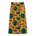 Yellow Watermelon Pieces Pattern Print Cotton Front Slit Maxi Skirt