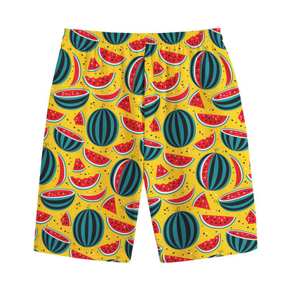 Yellow Watermelon Pieces Pattern Print Cotton Shorts
