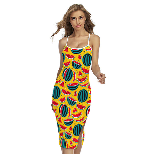 Yellow Watermelon Pieces Pattern Print Cross Back Cami Dress