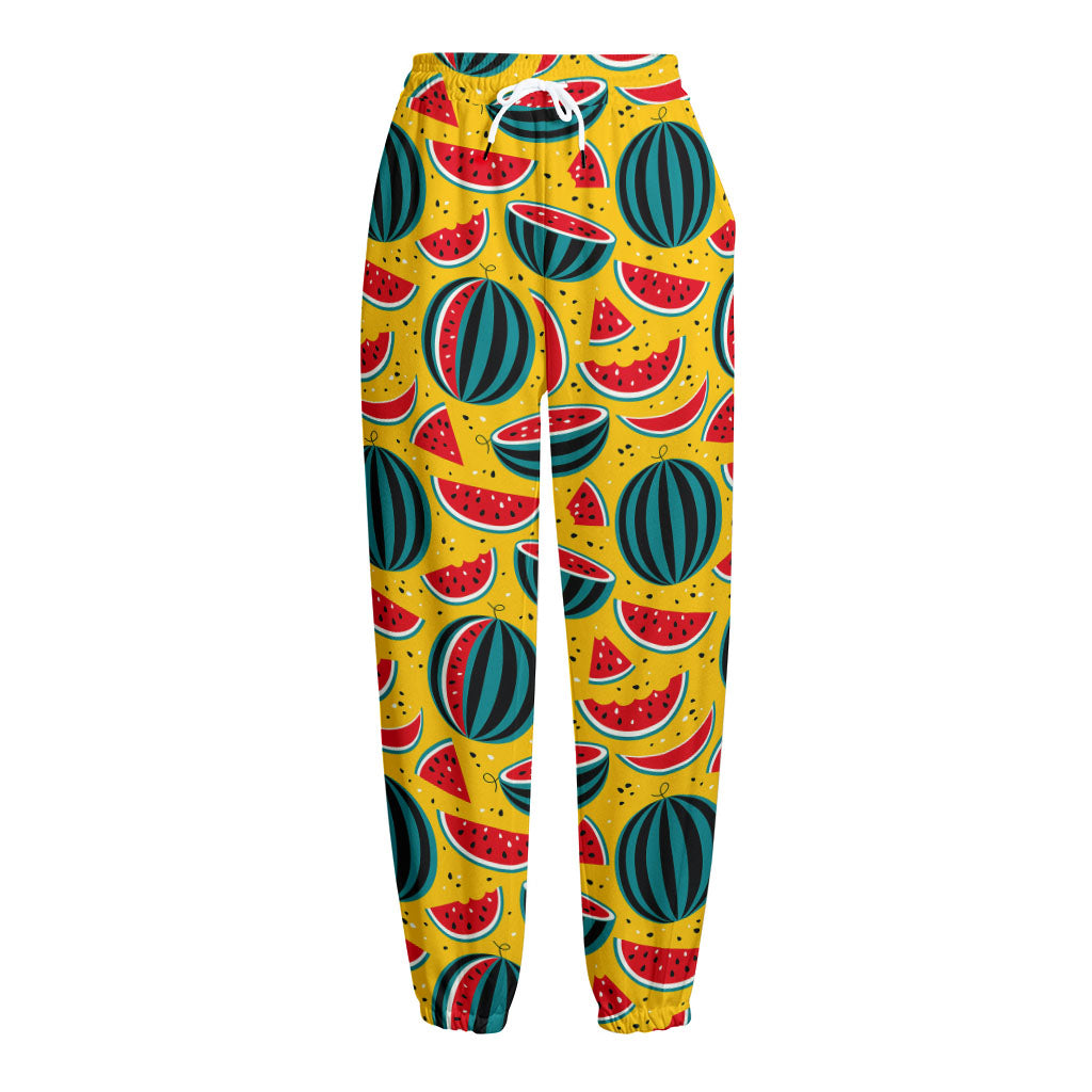 Yellow Watermelon Pieces Pattern Print Fleece Lined Knit Pants