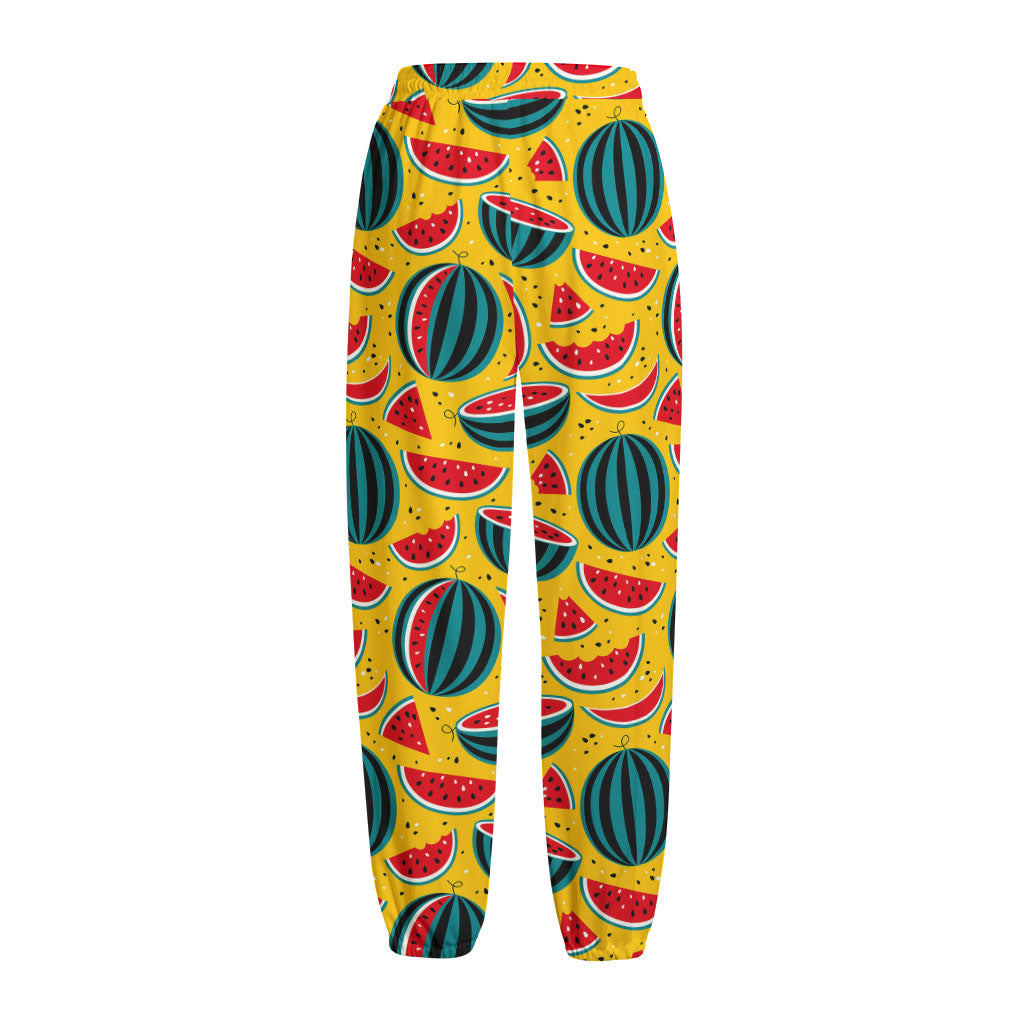 Yellow Watermelon Pieces Pattern Print Fleece Lined Knit Pants