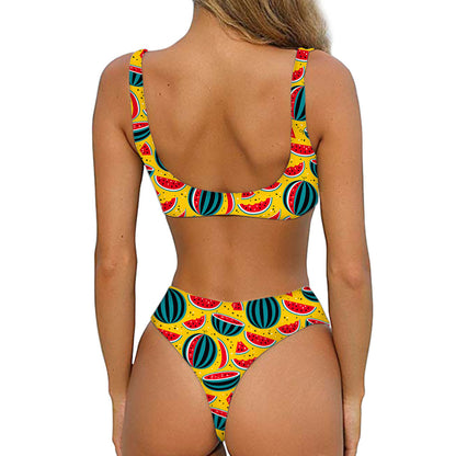 Yellow Watermelon Pieces Pattern Print Front Bow Tie Bikini