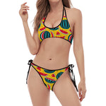 Yellow Watermelon Pieces Pattern Print Halter Scoop Tie Side Bikini