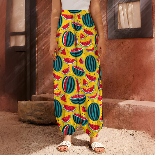 Yellow Watermelon Pieces Pattern Print Harem Pants