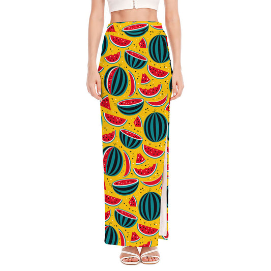Yellow Watermelon Pieces Pattern Print High Slit Maxi Skirt