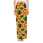 Yellow Watermelon Pieces Pattern Print High Slit Maxi Skirt