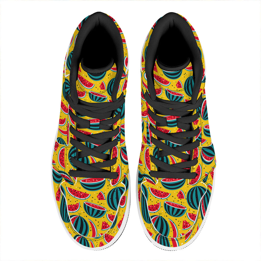 Yellow Watermelon Pieces Pattern Print High Top Leather Sneakers