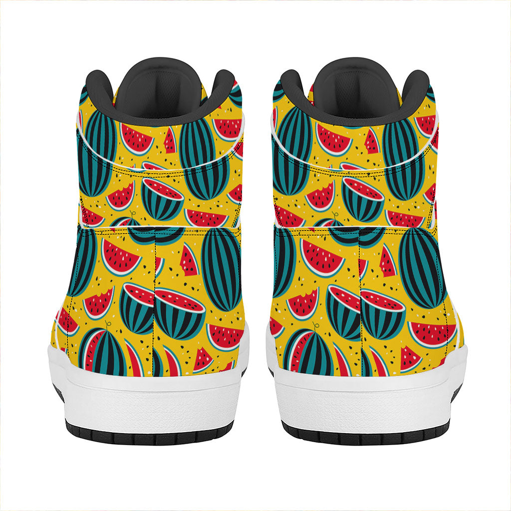 Yellow Watermelon Pieces Pattern Print High Top Leather Sneakers