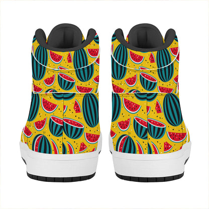 Yellow Watermelon Pieces Pattern Print High Top Leather Sneakers