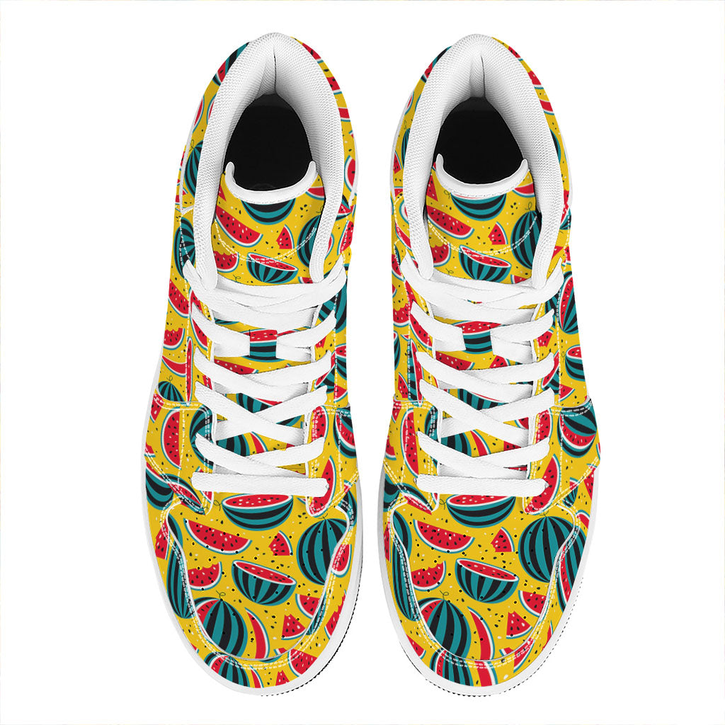 Yellow Watermelon Pieces Pattern Print High Top Leather Sneakers
