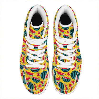 Yellow Watermelon Pieces Pattern Print High Top Leather Sneakers