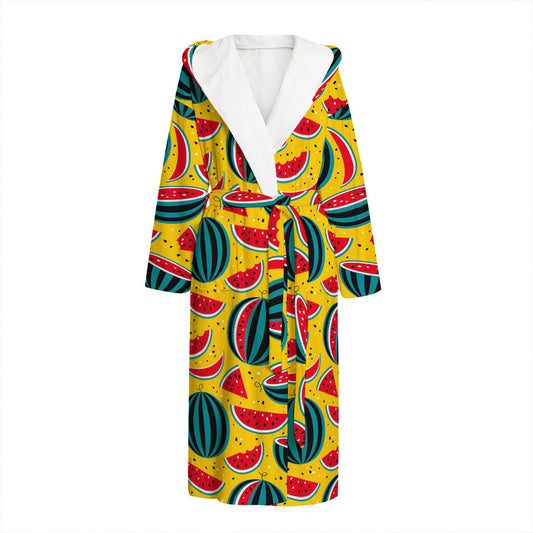 Yellow Watermelon Pieces Pattern Print Hooded Bathrobe