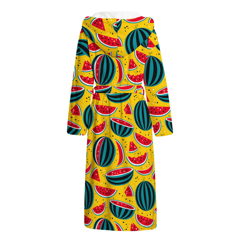 Yellow Watermelon Pieces Pattern Print Hooded Bathrobe