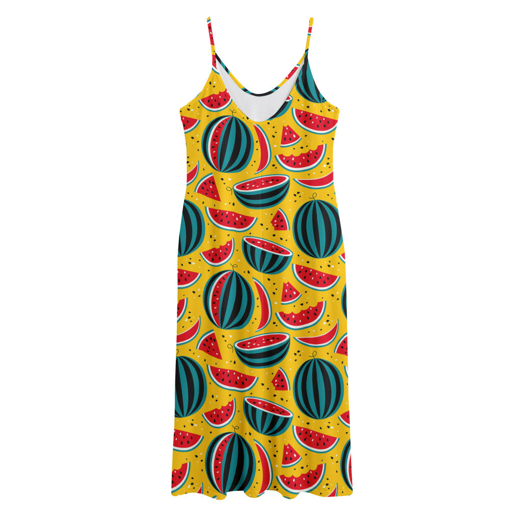 Yellow Watermelon Pieces Pattern Print Jersey Midi Cami Dress