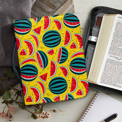 Yellow Watermelon Pieces Pattern Print Leather Bible Cover