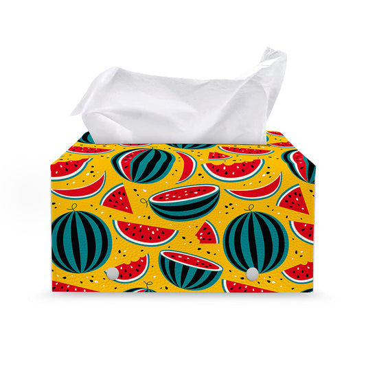 Yellow Watermelon Pieces Pattern Print Leather Tissue Box Cover